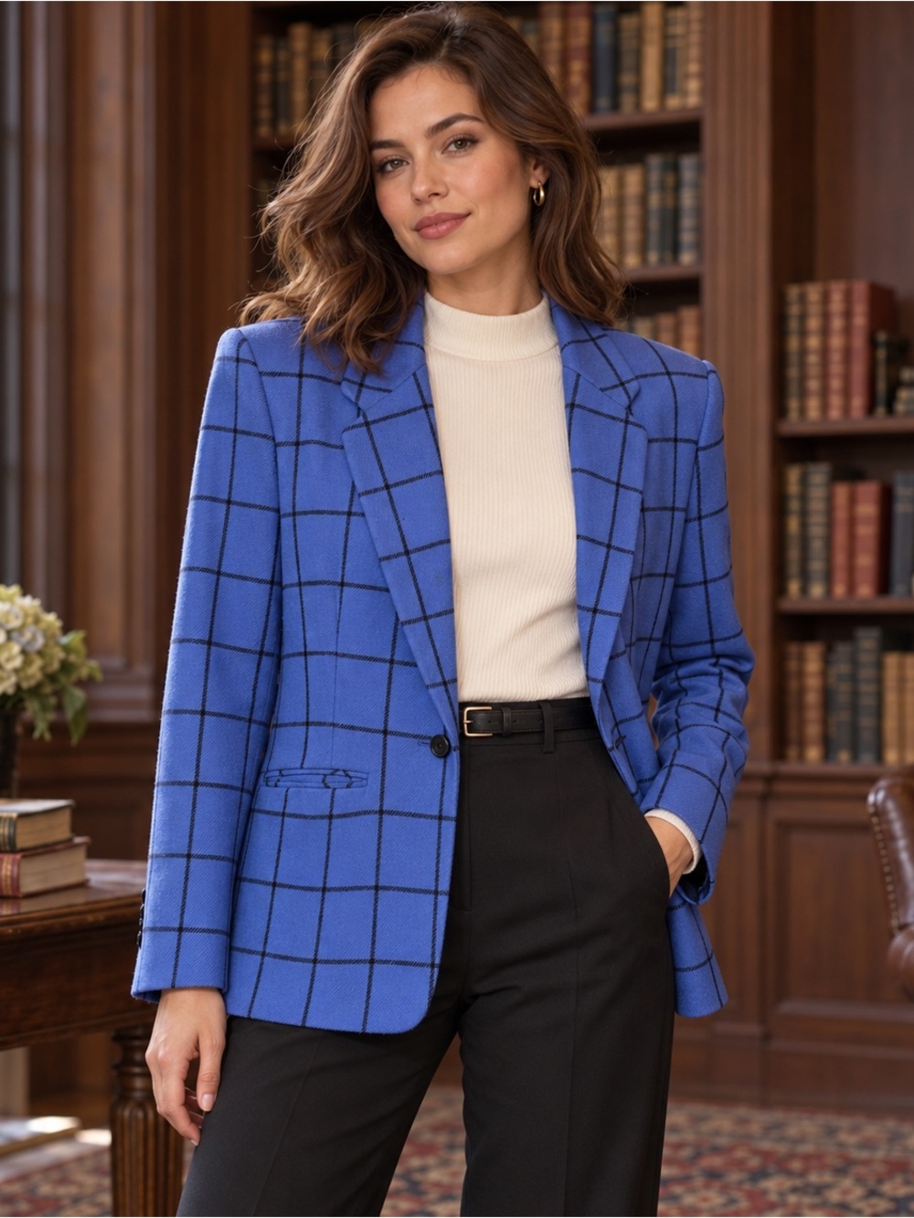 Vintage Pendleton Petite Blue Windowpane Plaid Wool Blazer Jacket Made USA 10
